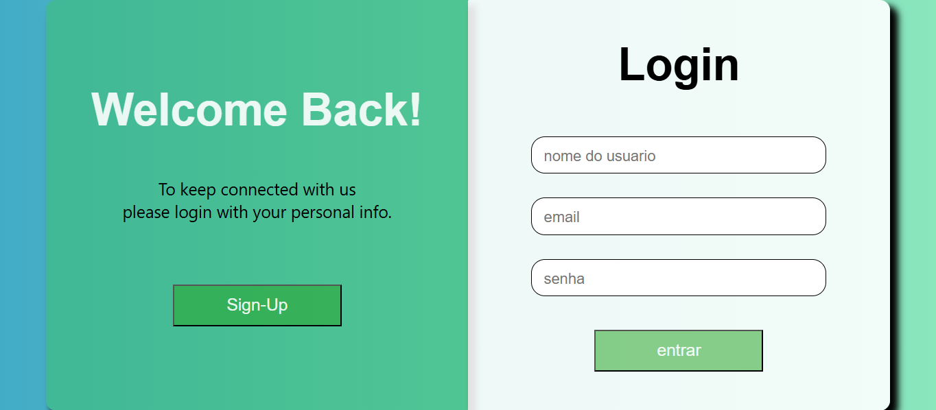 tela do sistema de cadastro e login